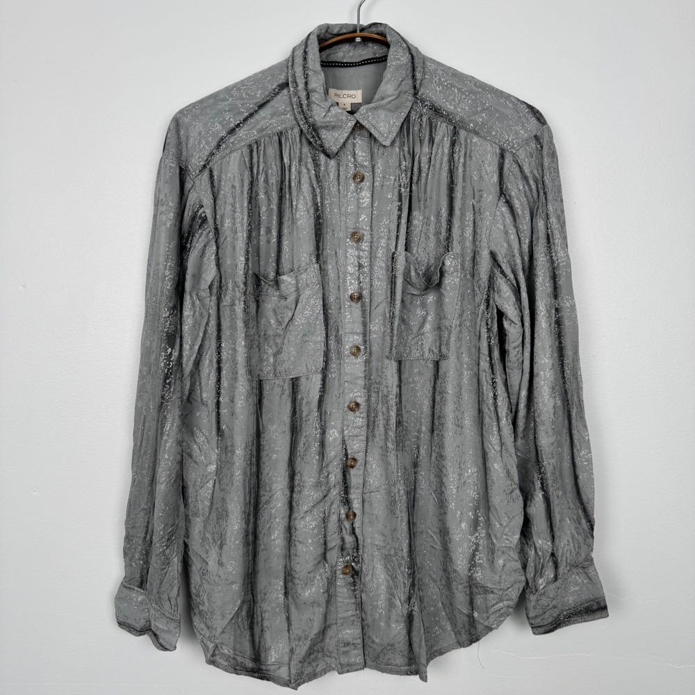 Pilcro Anthropologie Foil Shine Buttondown Shirt Grey Silver Metallic Splatter S